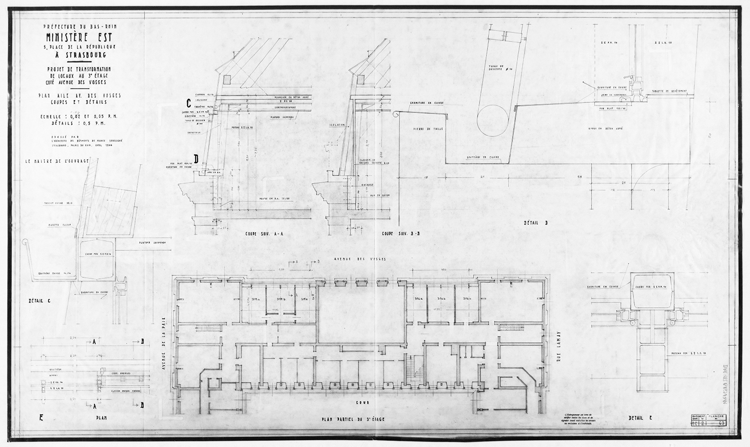 Projet de transformation des locaux au troisième étage, plan, coupes et détail de l’aile nord. 