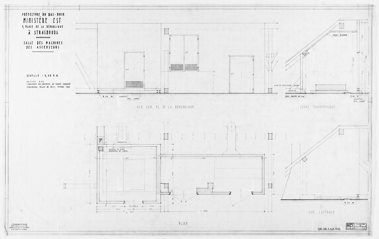 Salle des machines des ascenseurs, plan de masse, élévation et coupes.