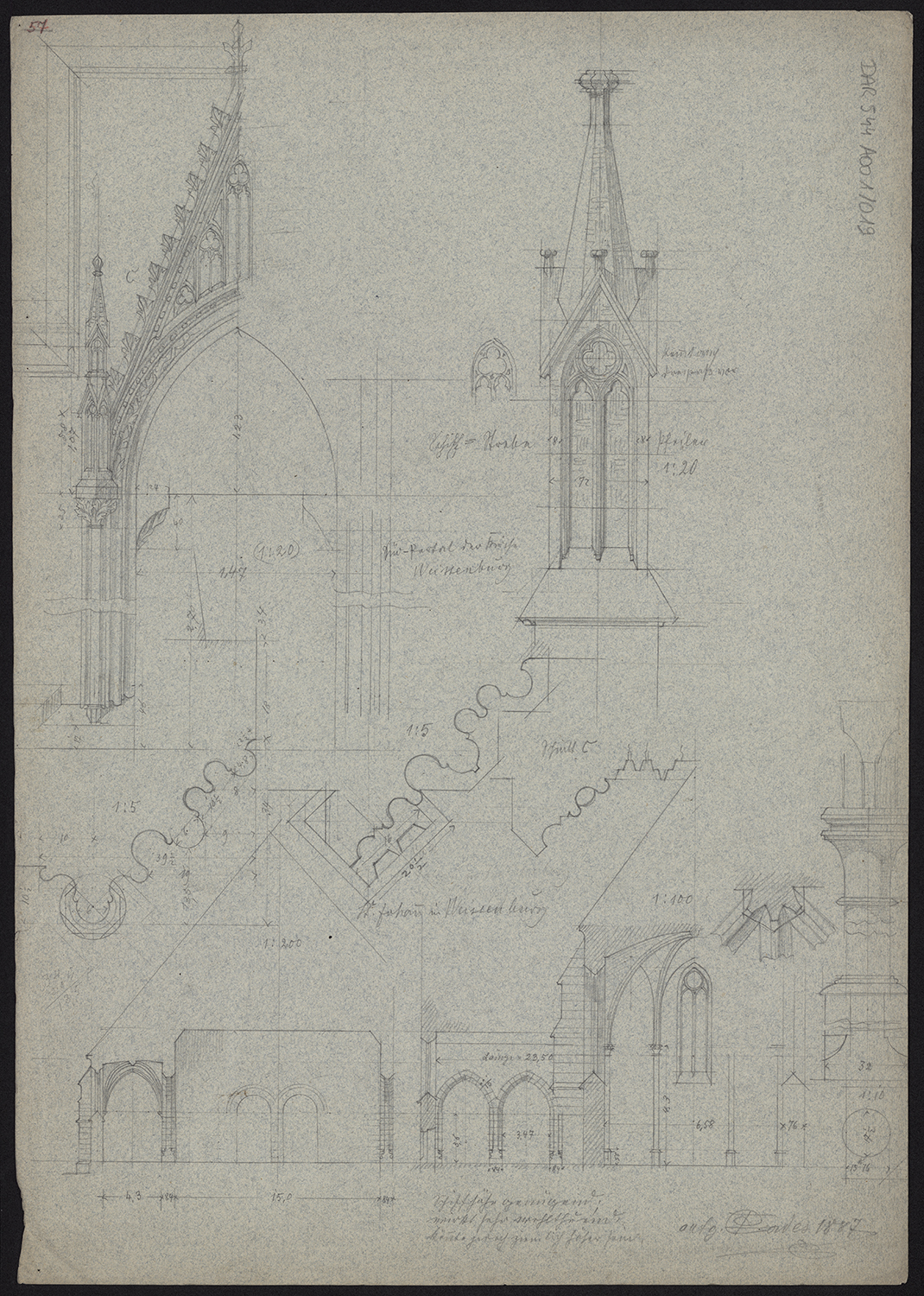 Elévations et profils de moulure d’un pinacle et d’un gable, coupes transversales.