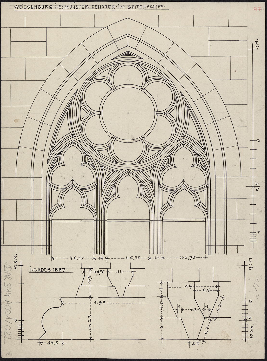 Bas-côté, élévation,et plans d’une baie.