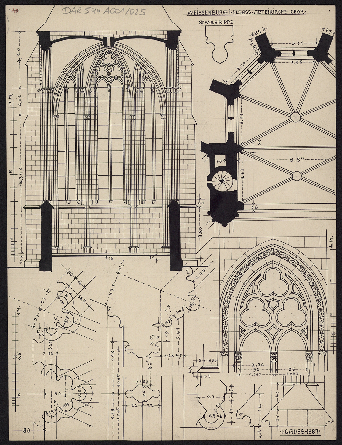 Choeur, plan de masse, élévation intérieure, détail et profils de moulures.