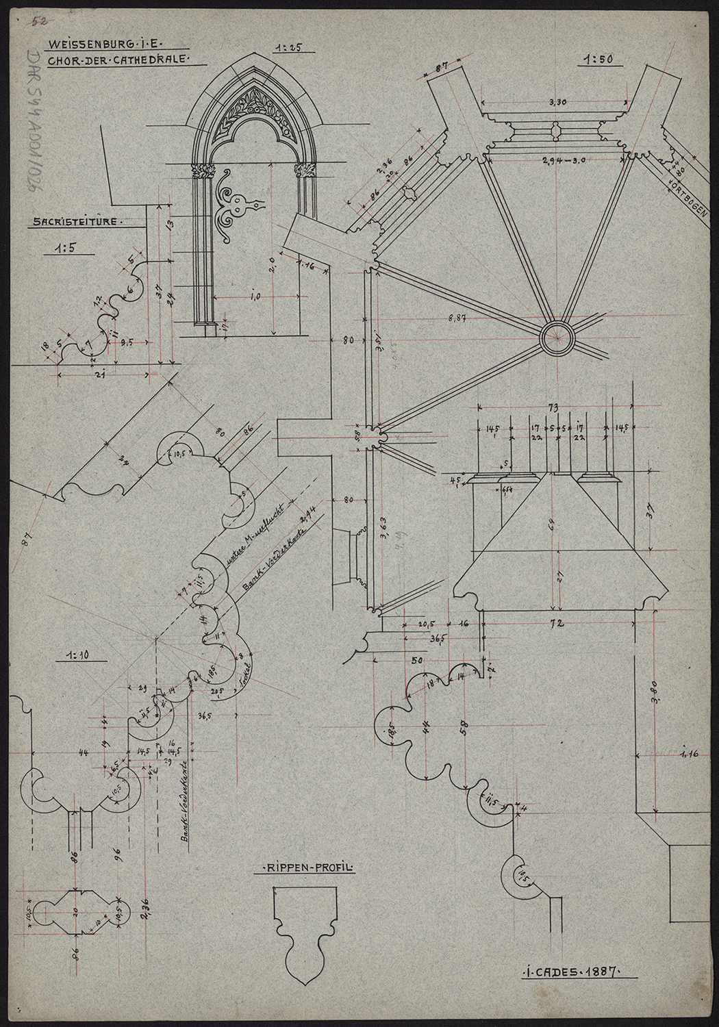 Choeur, plan du voûtement, détail et profils de moulures.