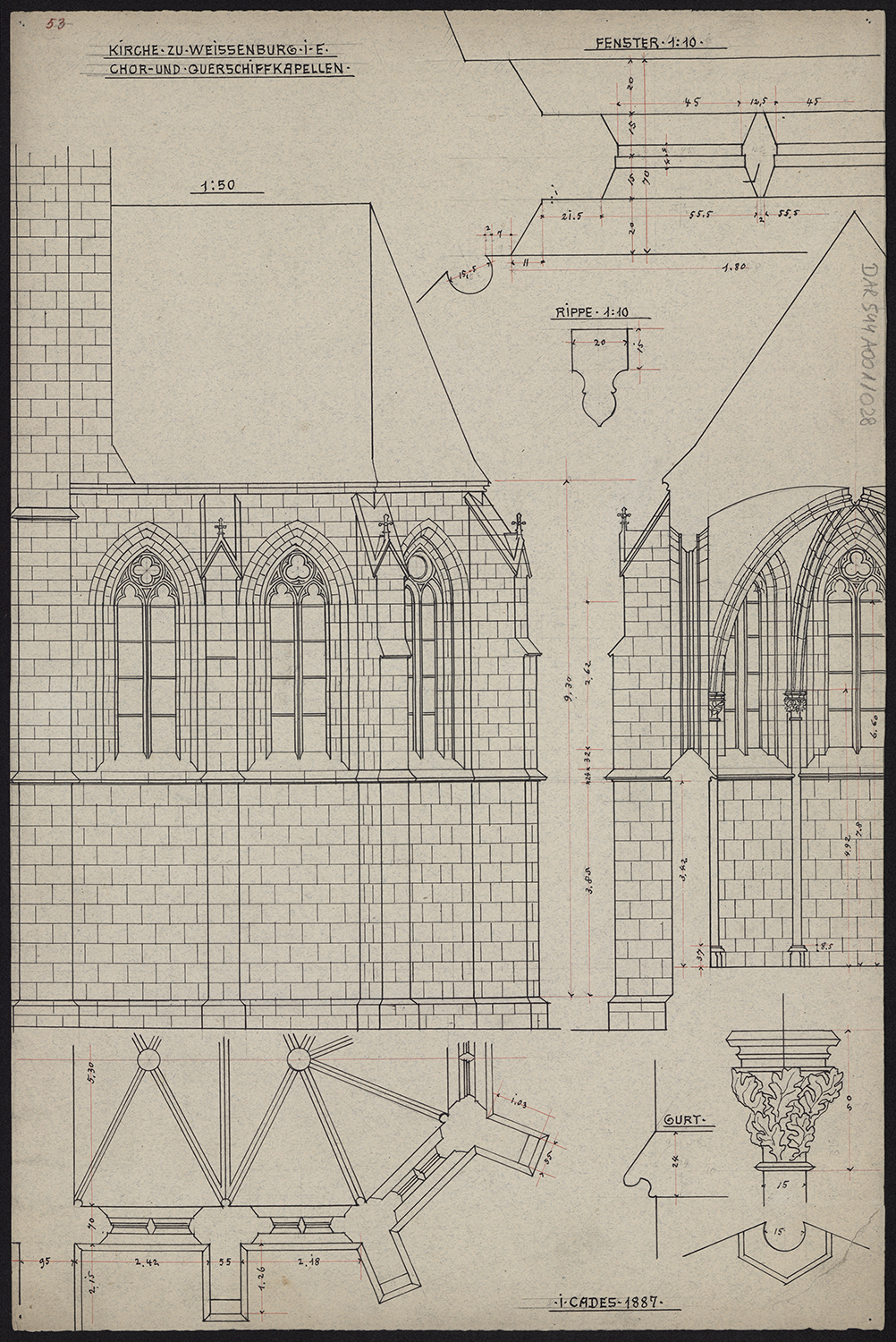 Choeur, élévations sud et intérieure, plan de masse, détails.