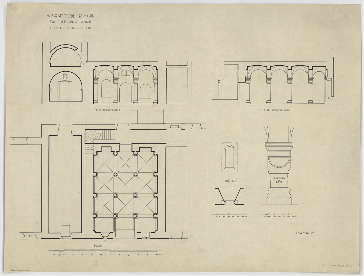 Chapelle, plan de masse, coupes transversale et longitudinale et détails.