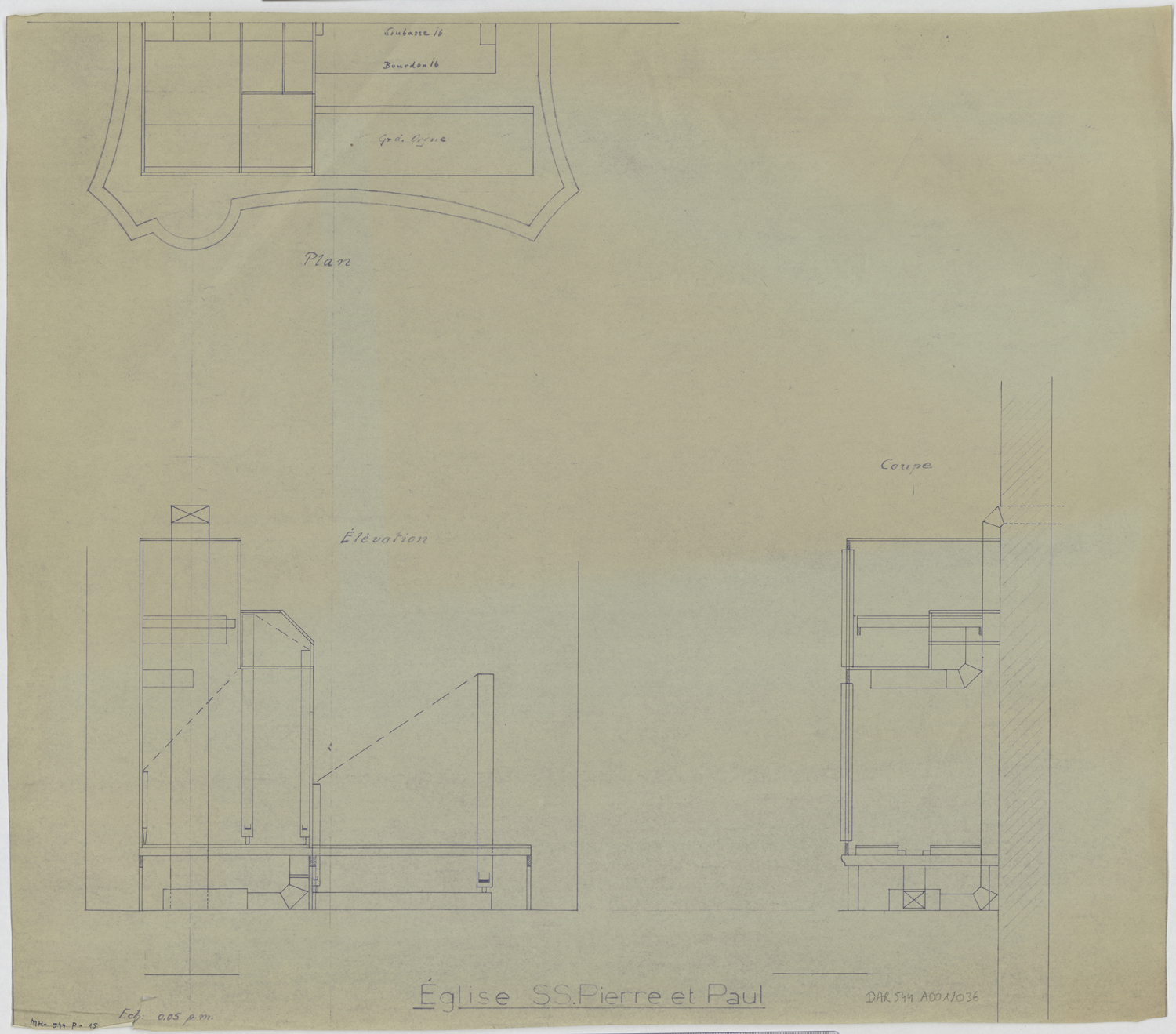 Orgue, plan, élévation et coupe.