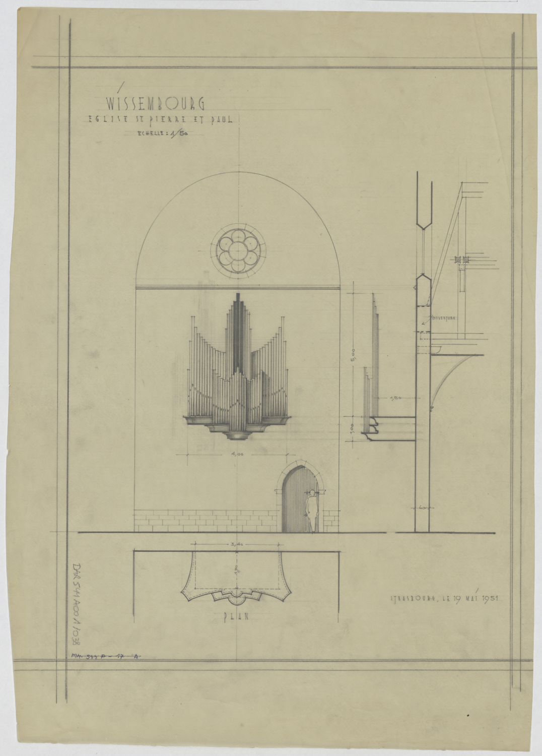 Projet d’orgue, plan, élévation et coupe.