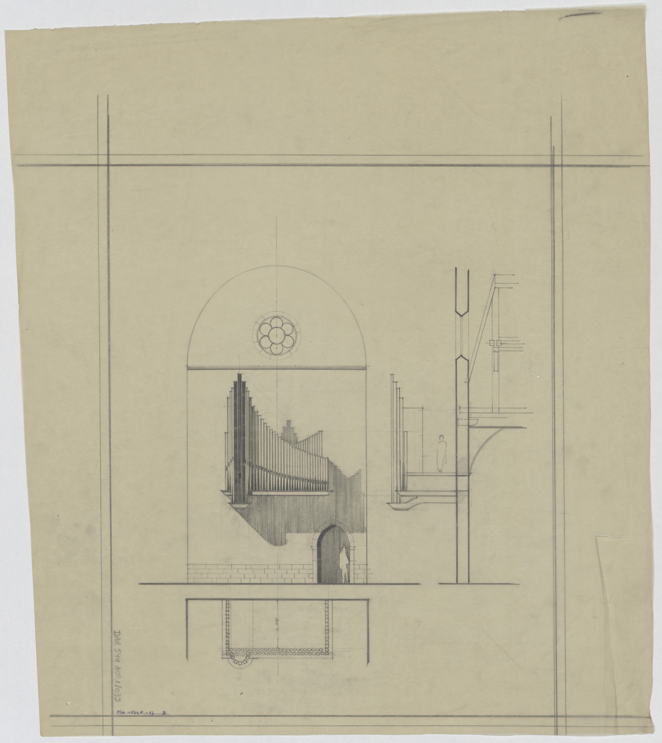 Projet d’orgue, plan, élévation et coupe.