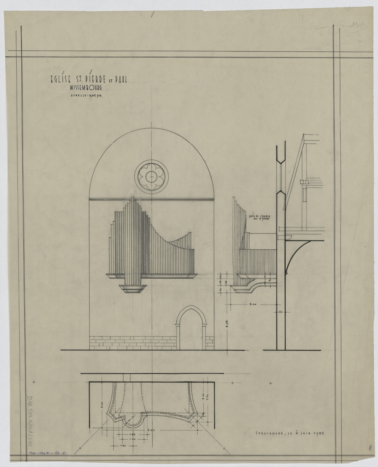 Projet d’orgue, plan, élévation et coupe.