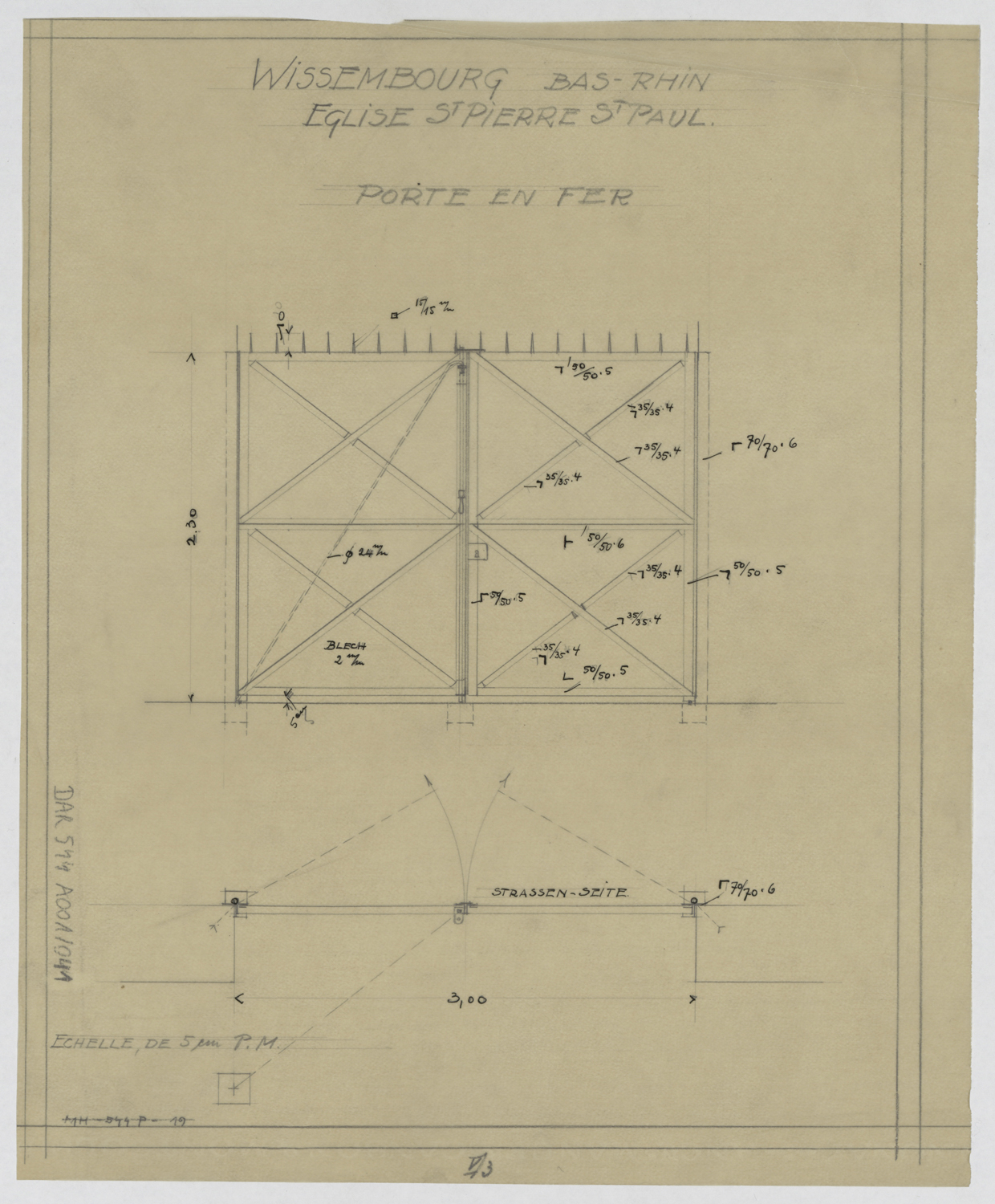 Projet de porte en fer, plan et élévation.