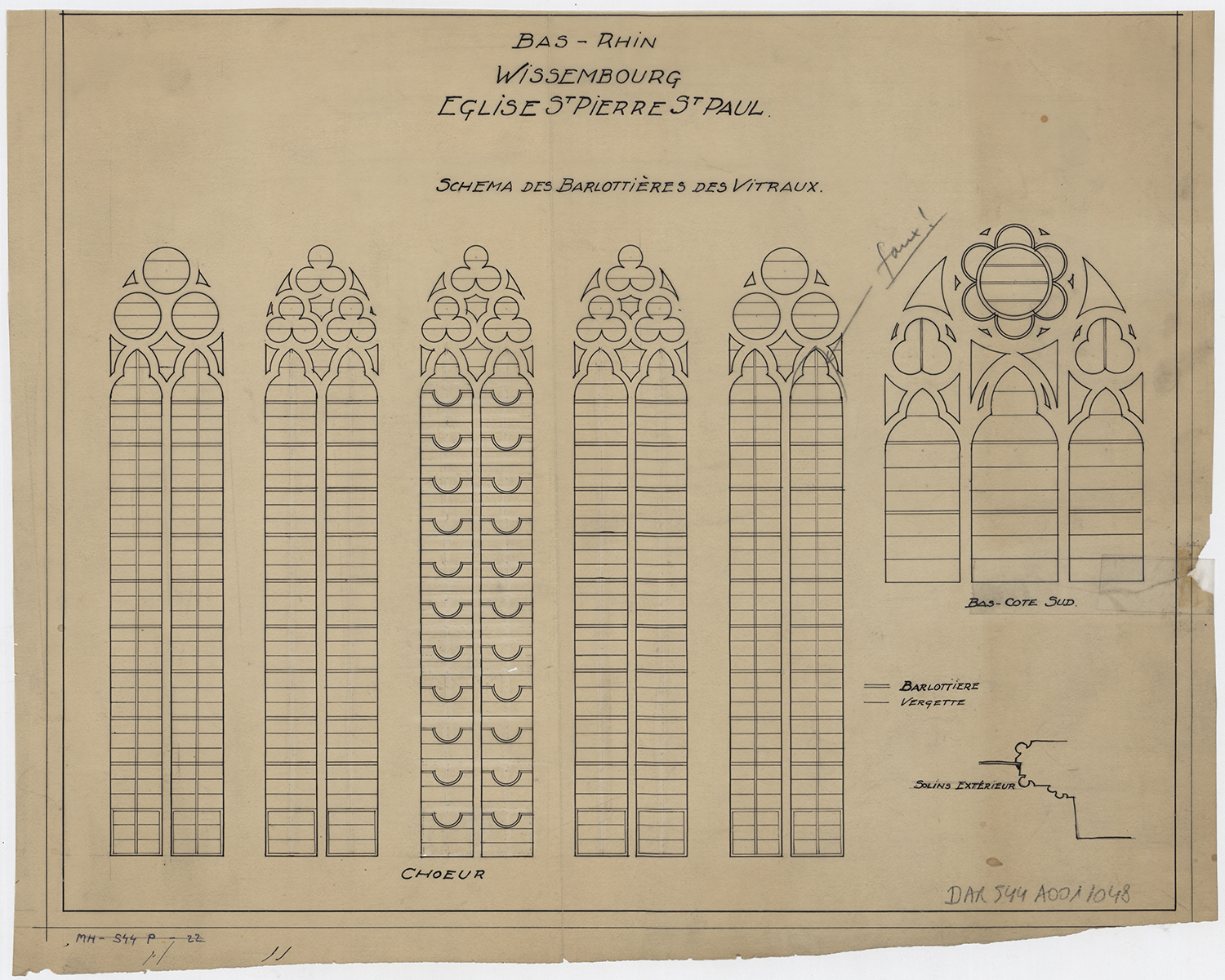 Verrière, schéma des barlotières des vitraux.