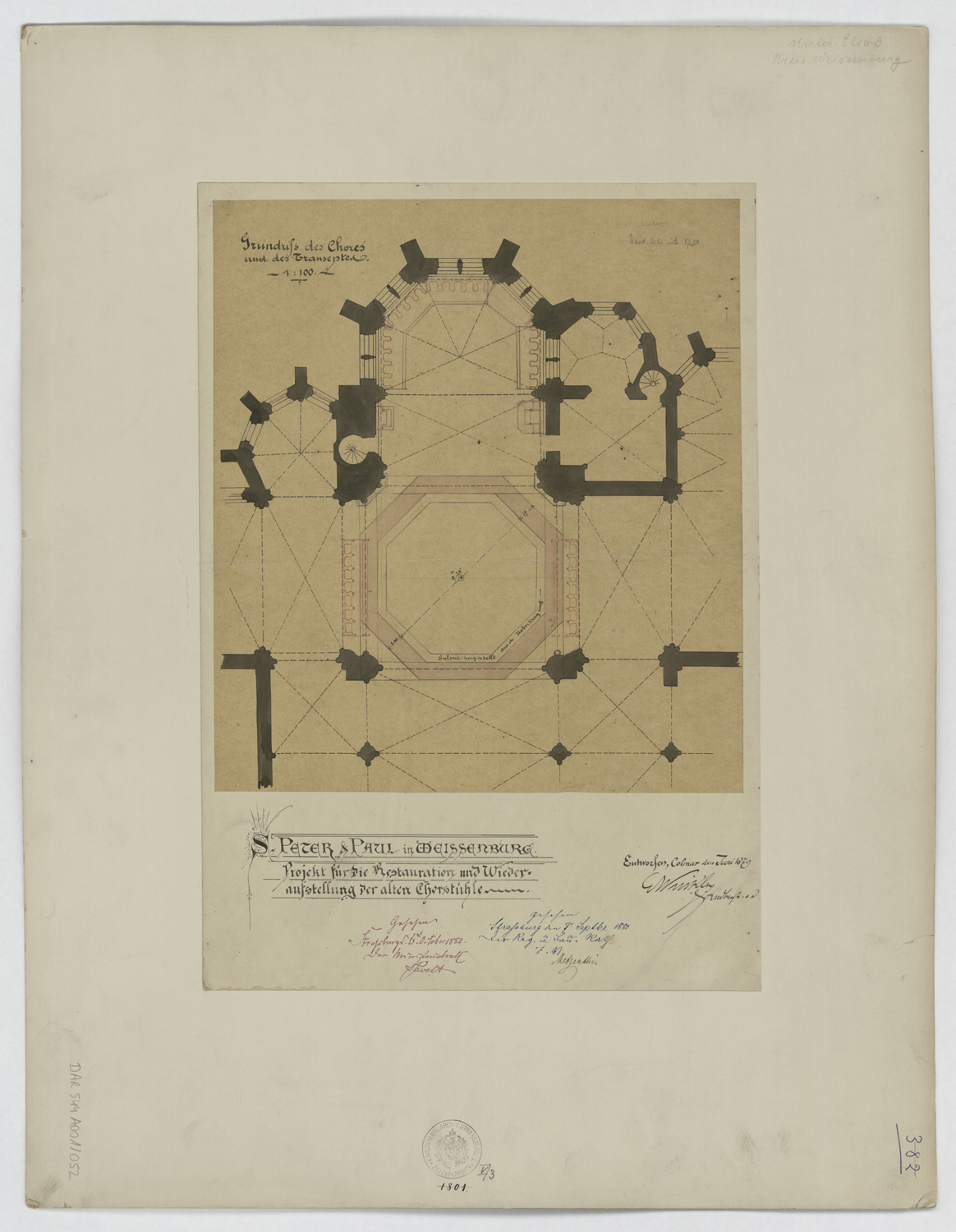 Projet de restauration et de réinstallation des stalles dans le choeur, plan de masse. 