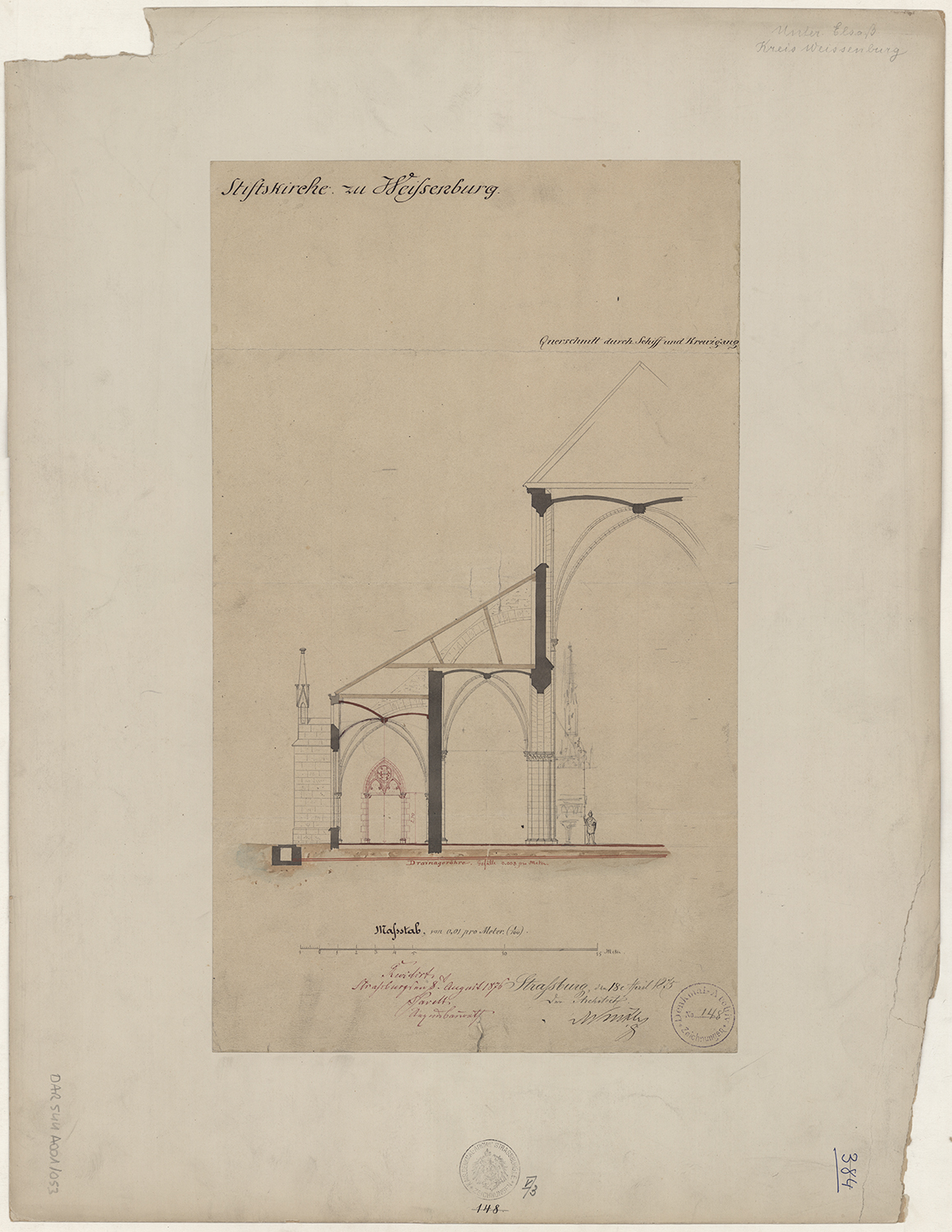 Projet d’aménagement, coupe transversale sur la nef et le cloître.