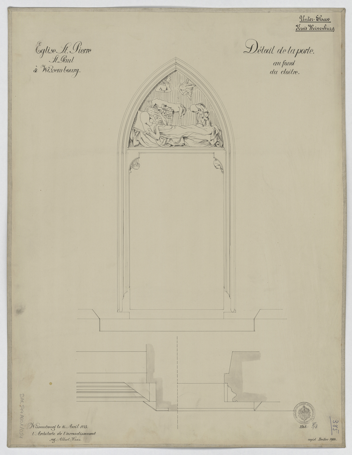 Porte au fond du cloître, plan et relevé du tympan.