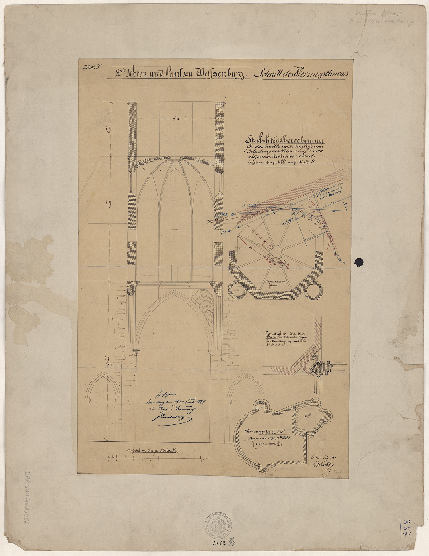 Projet de restauration de la tour de croisée, plan, coupe et détail. 