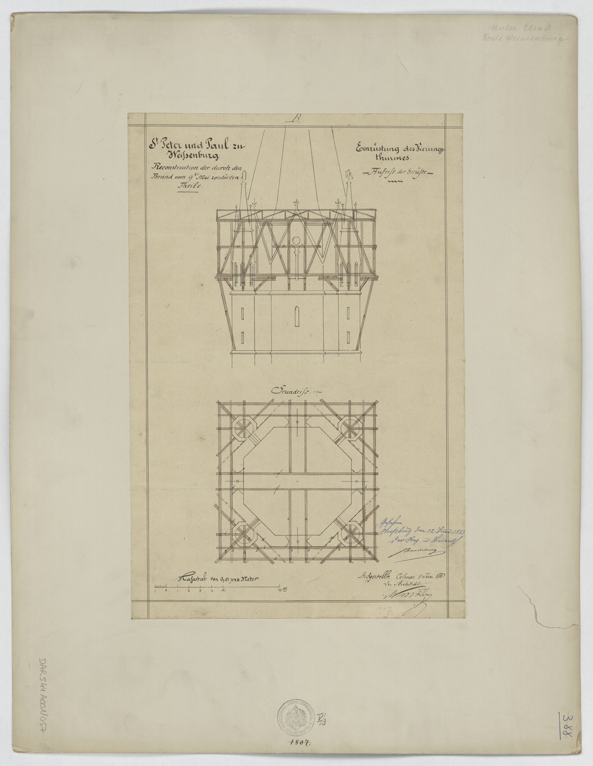 Projet de restauration de la tour de croisée, plan et élévation des échafaudages.