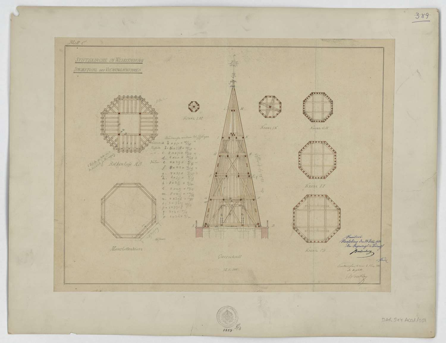 Projet de restauration de la tour de croisée, plans par niveau et coupe sur la charpente.