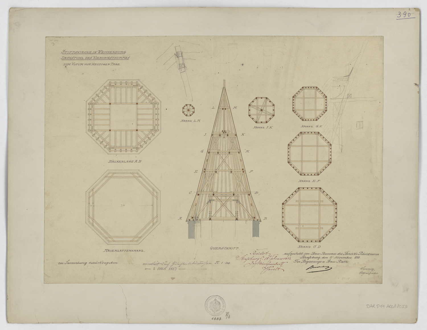 Projet de restauration de la tour de croisée, plans par niveau et coupe sur la charpente.