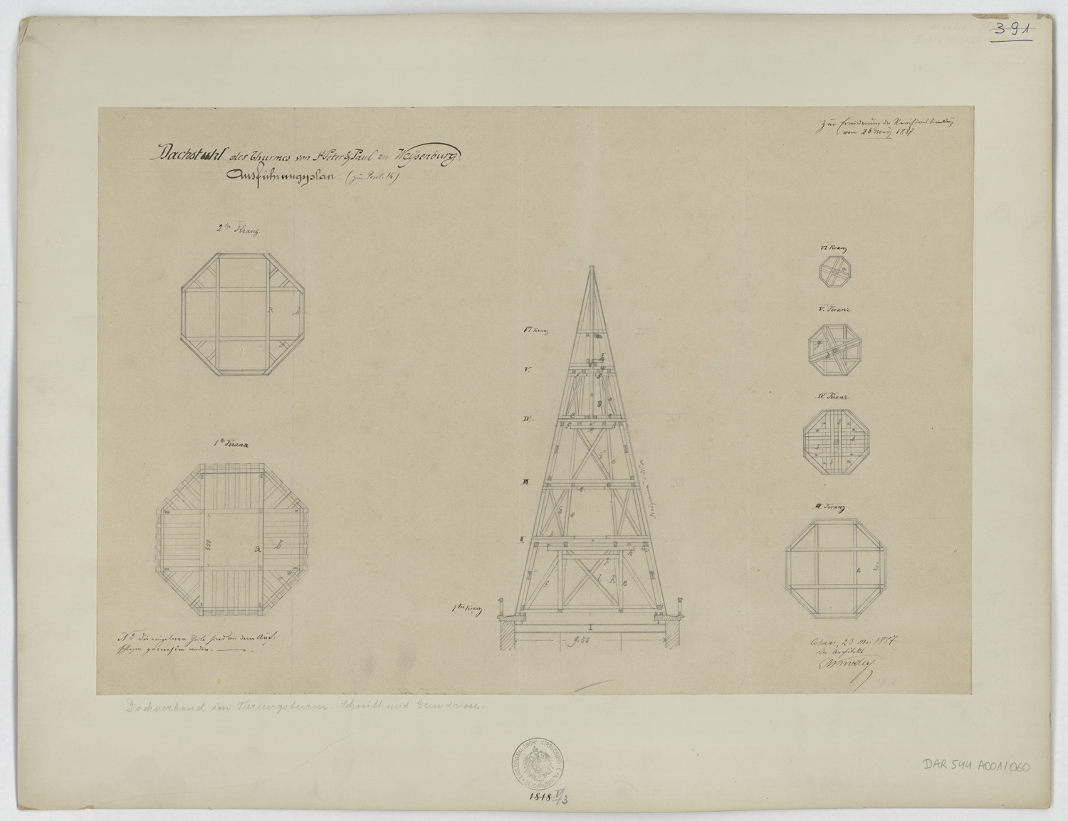 Projet de restauration de la tour de croisée, plans par niveau et coupe sur la charpente.