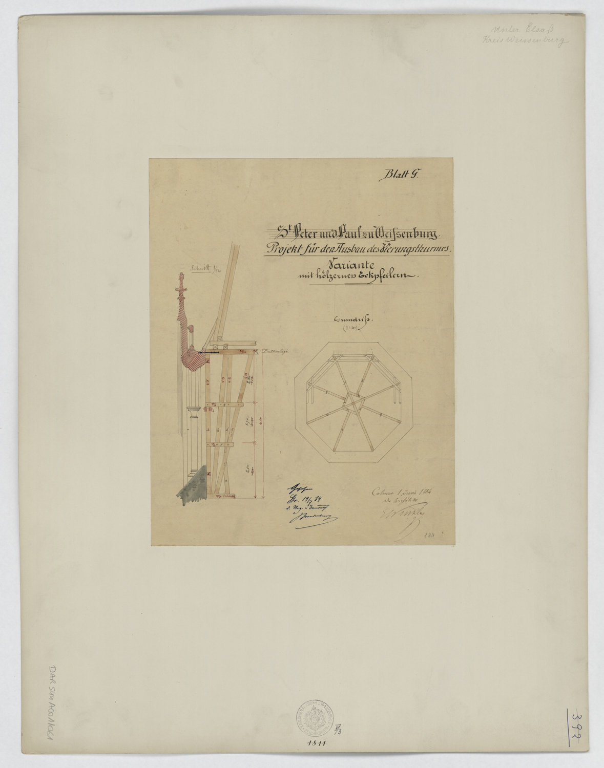 Projet de modification de la tour de croisée, plan et coupe.