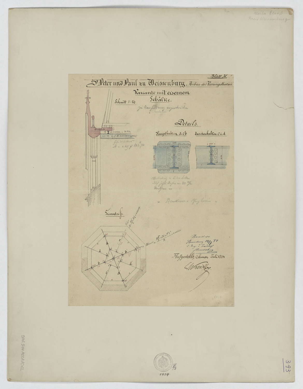 Projet de modification de la tour de croisée, plan, coupe et détails.