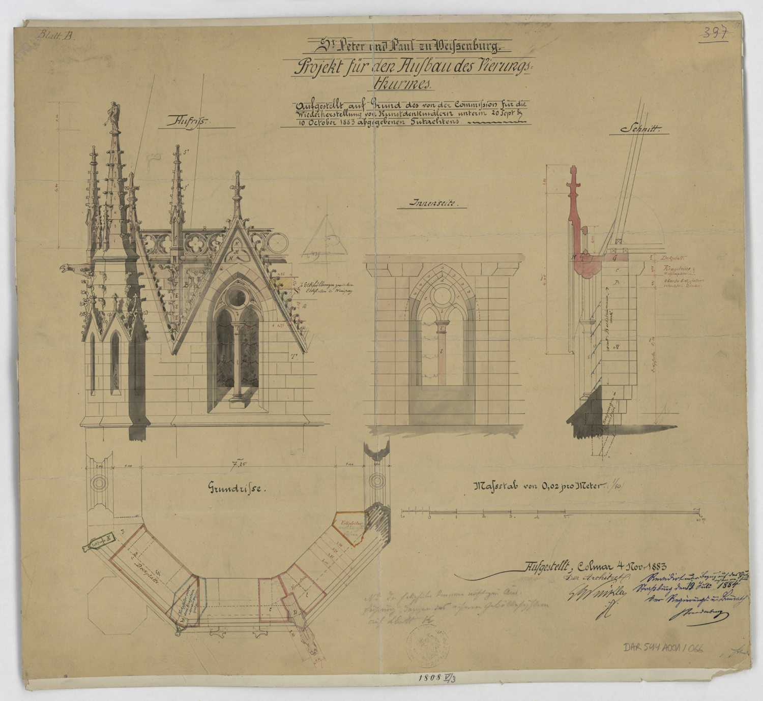 Tour de croisée, plan de masse, élévation, coupe et détail des ornements sculptés du dernier niveau. 