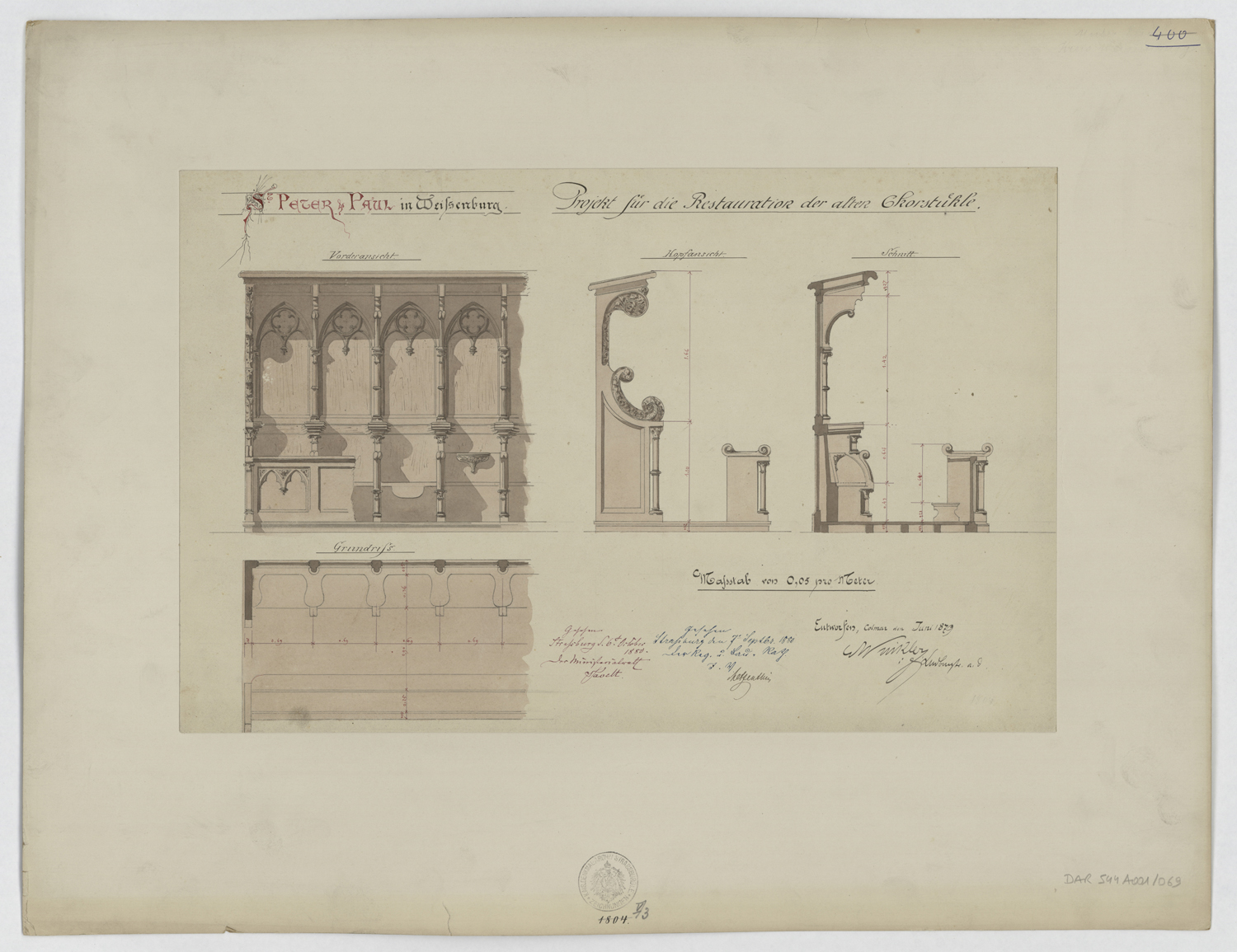 Projet de restauration des stalles, plan et élévations principale et latérales.