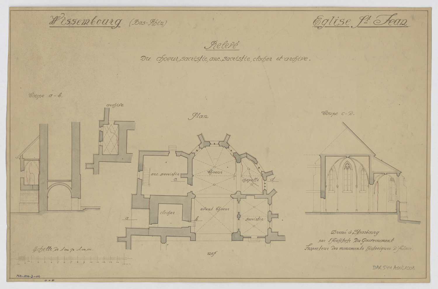 Chevet, plan de masse, coupe longitudinale et transversale et détail.