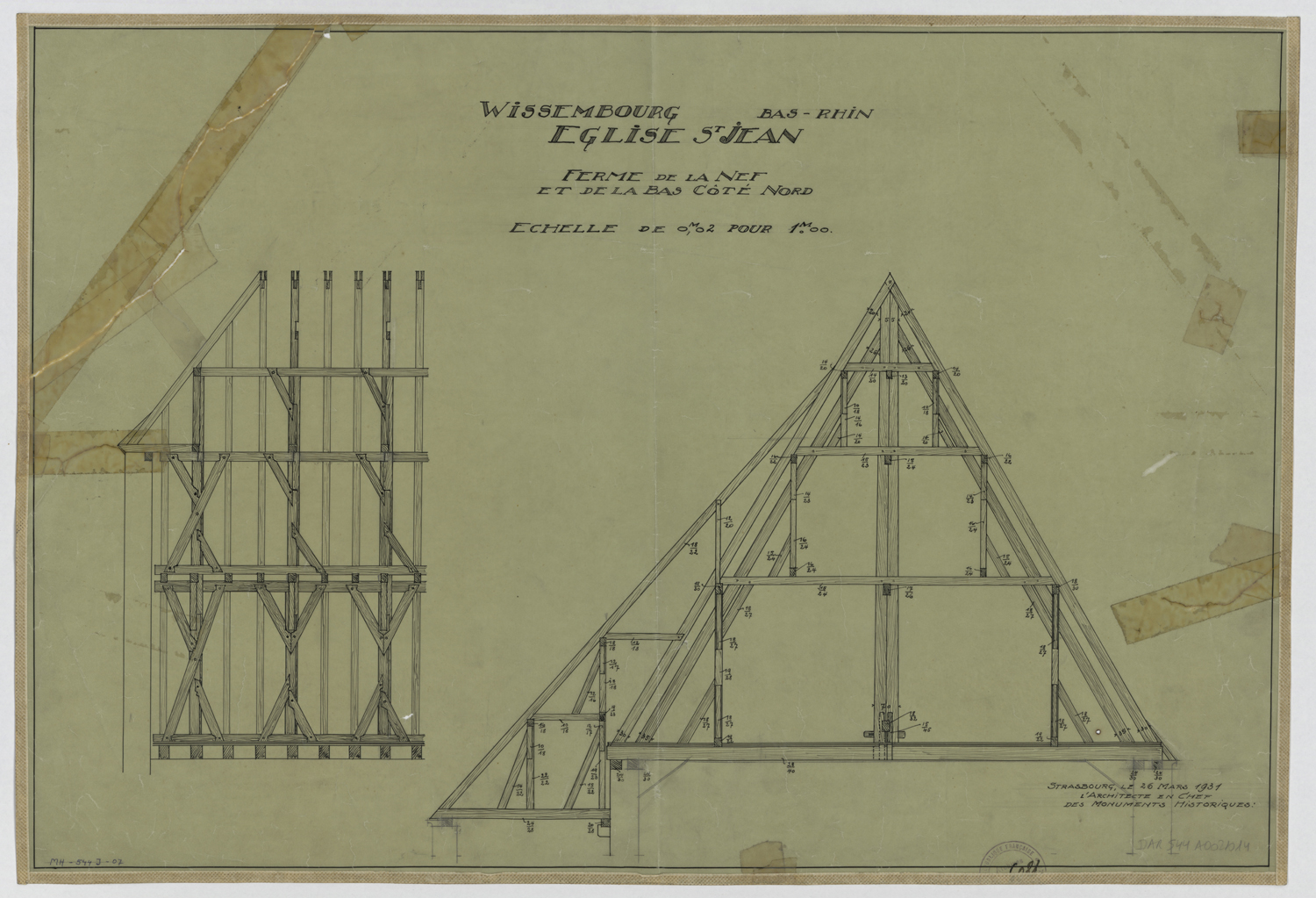 Charpente, plan et coupe.