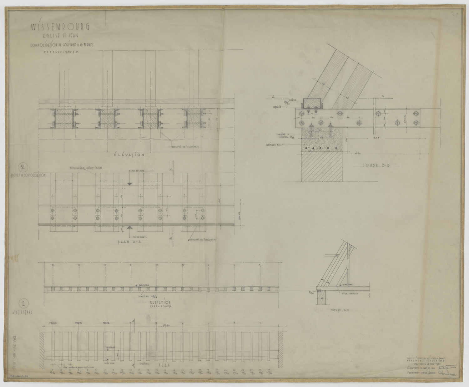 Charpente, projet de consolidation de solivage des fermes, plans, élévations et coupes.