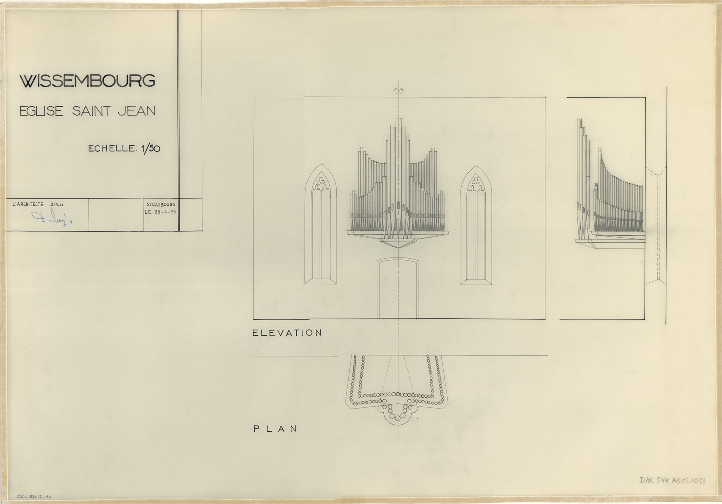 Projet d’orgue, plan, élévation et coupe.