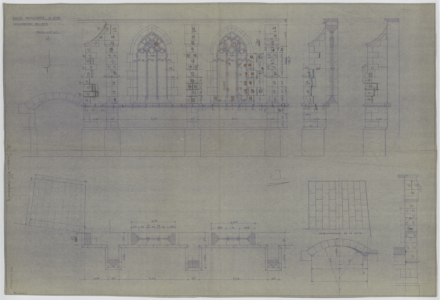 Projet de restauration des fenêtres, plan, élévation, coupe et détails.