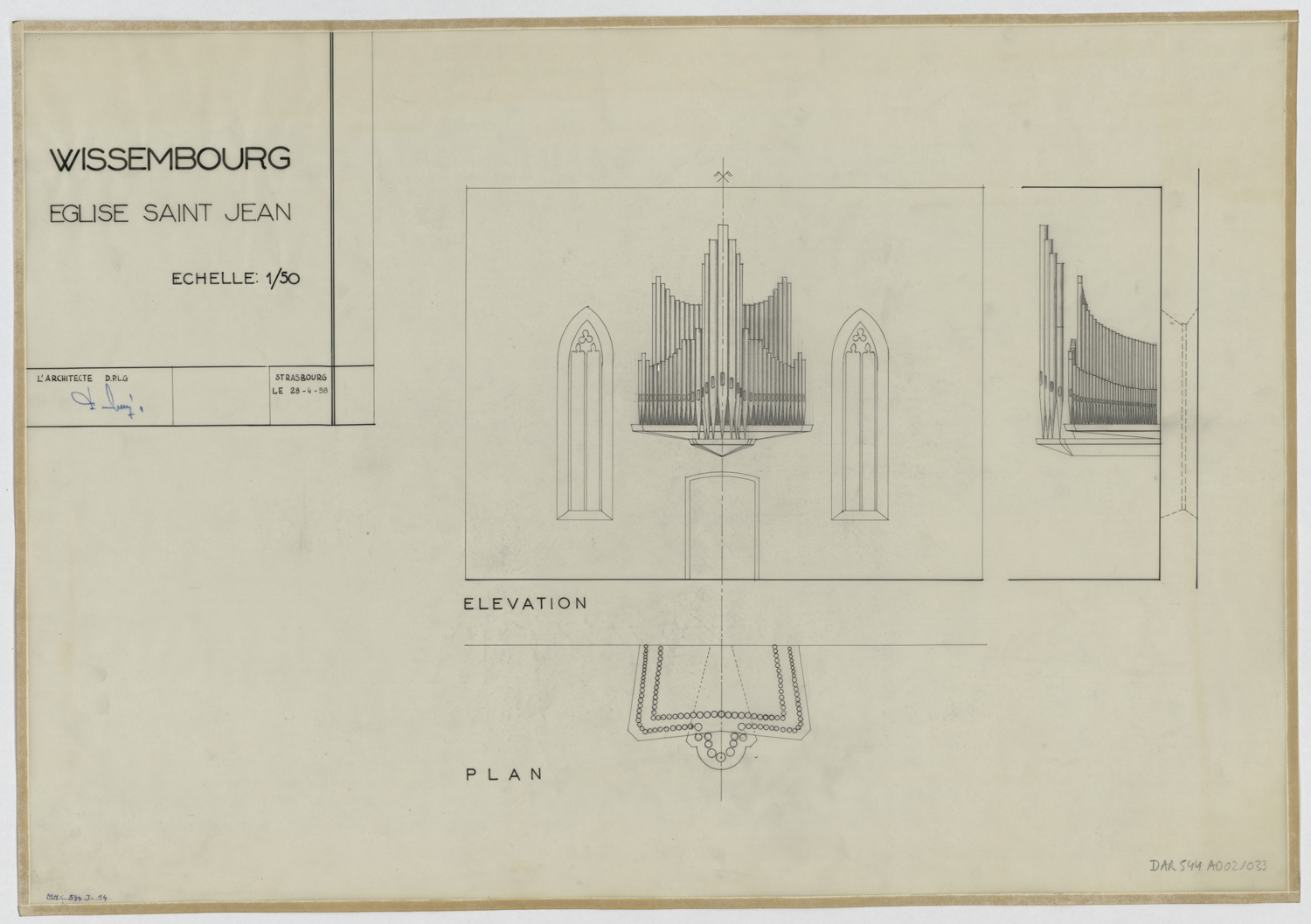 Projet d’orgue, plan, élévation et coupe.