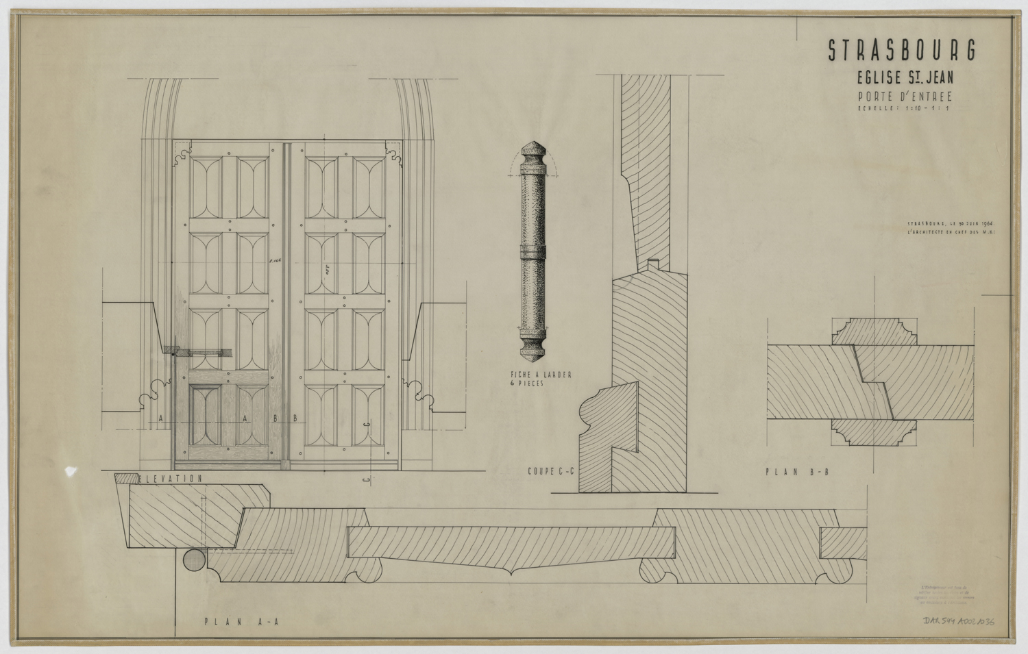 Porte d’entrée, plan, élévation, coupe et détails. 