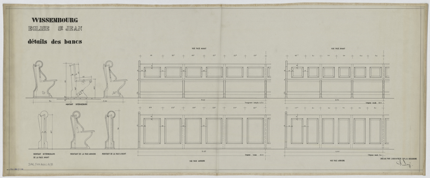 Banc de fidèle, élévations et coupes.