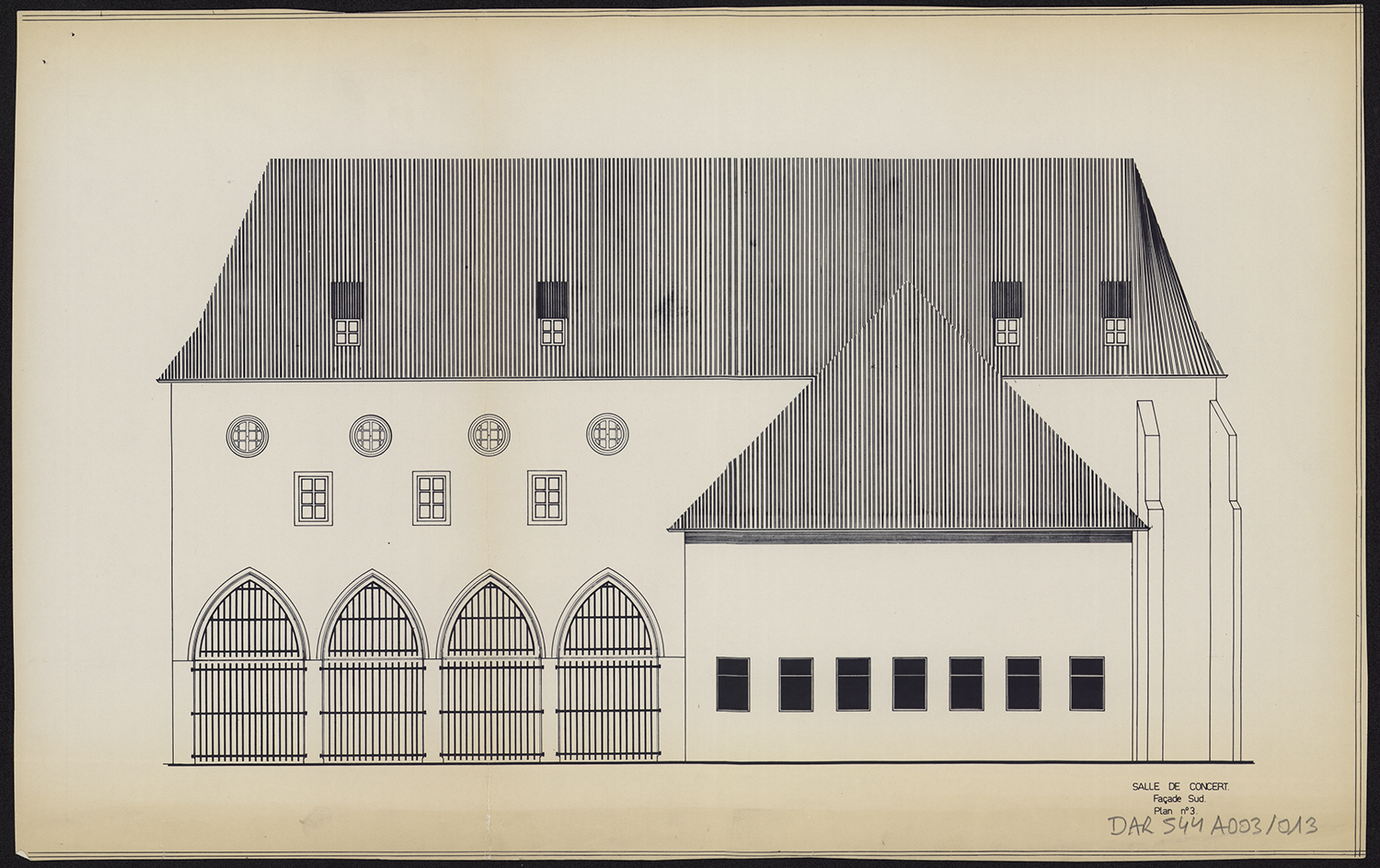 Projet de transformation en relais culturel, élévation extérieure de la salle de concert.