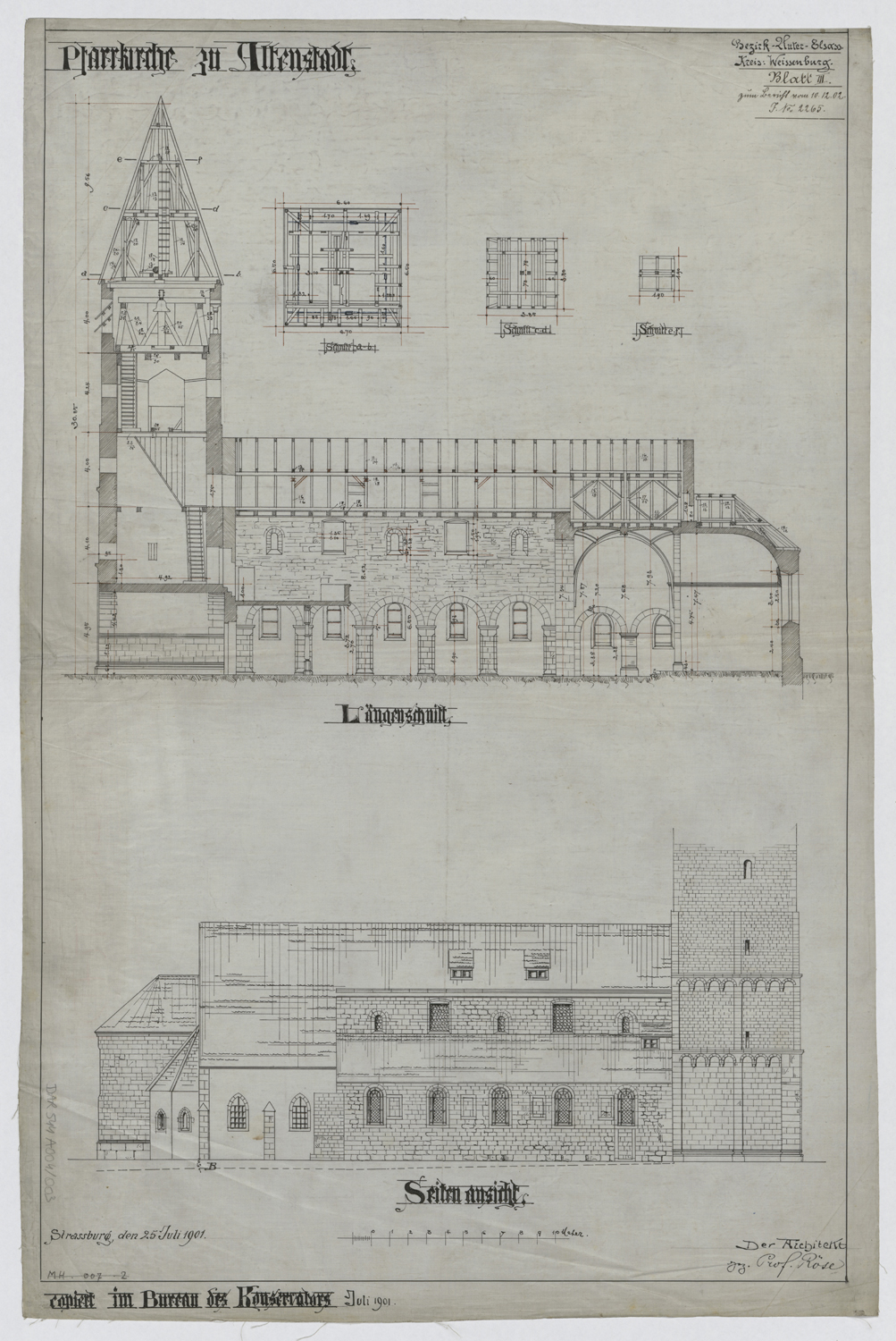 Elévation de la façade nord, coupe longitudinale sur la façade sud et plans du clocher par niveaux.