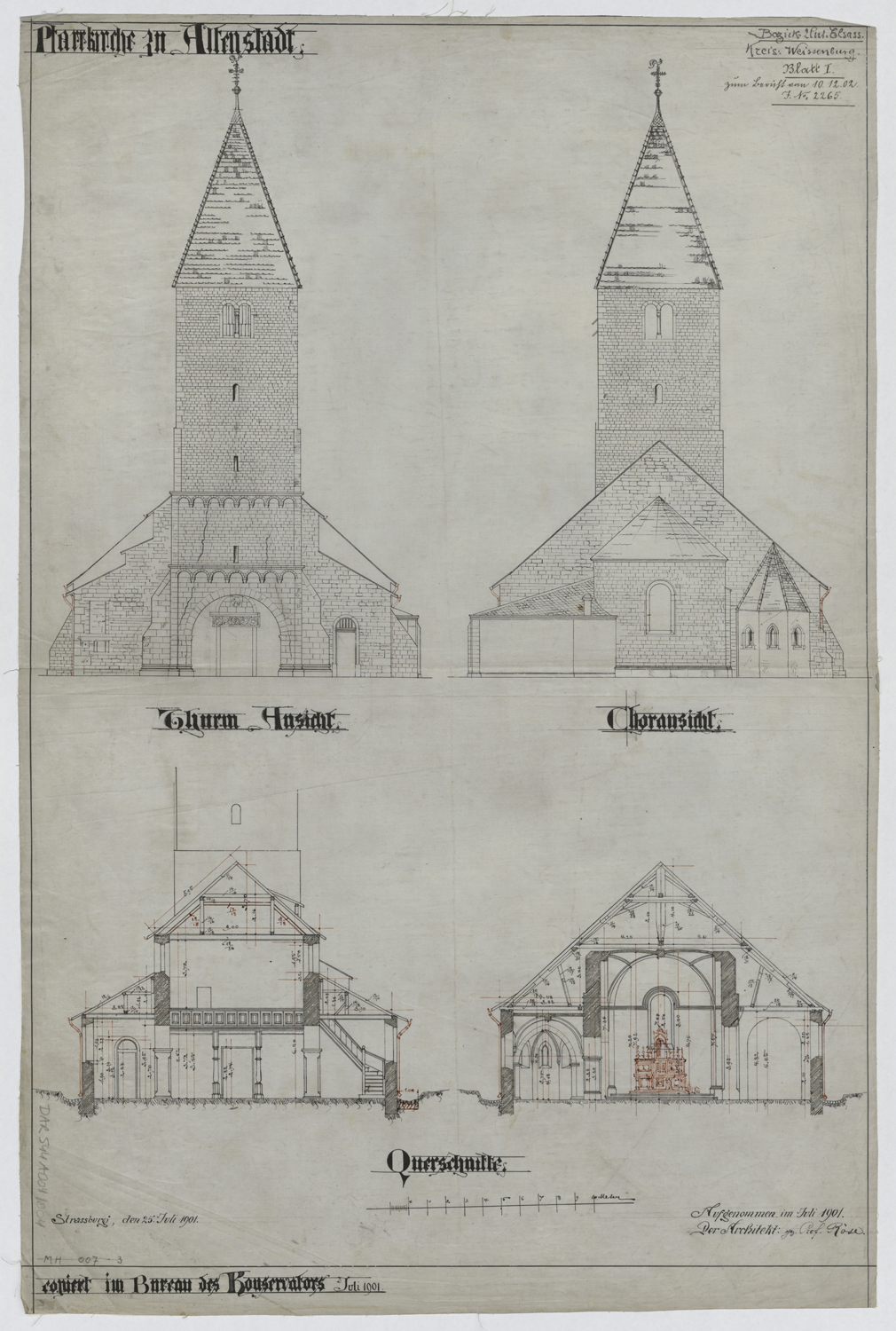 Elévations de la façade occidentale et du chevet, coupes transversales sur la nef et le choeur.