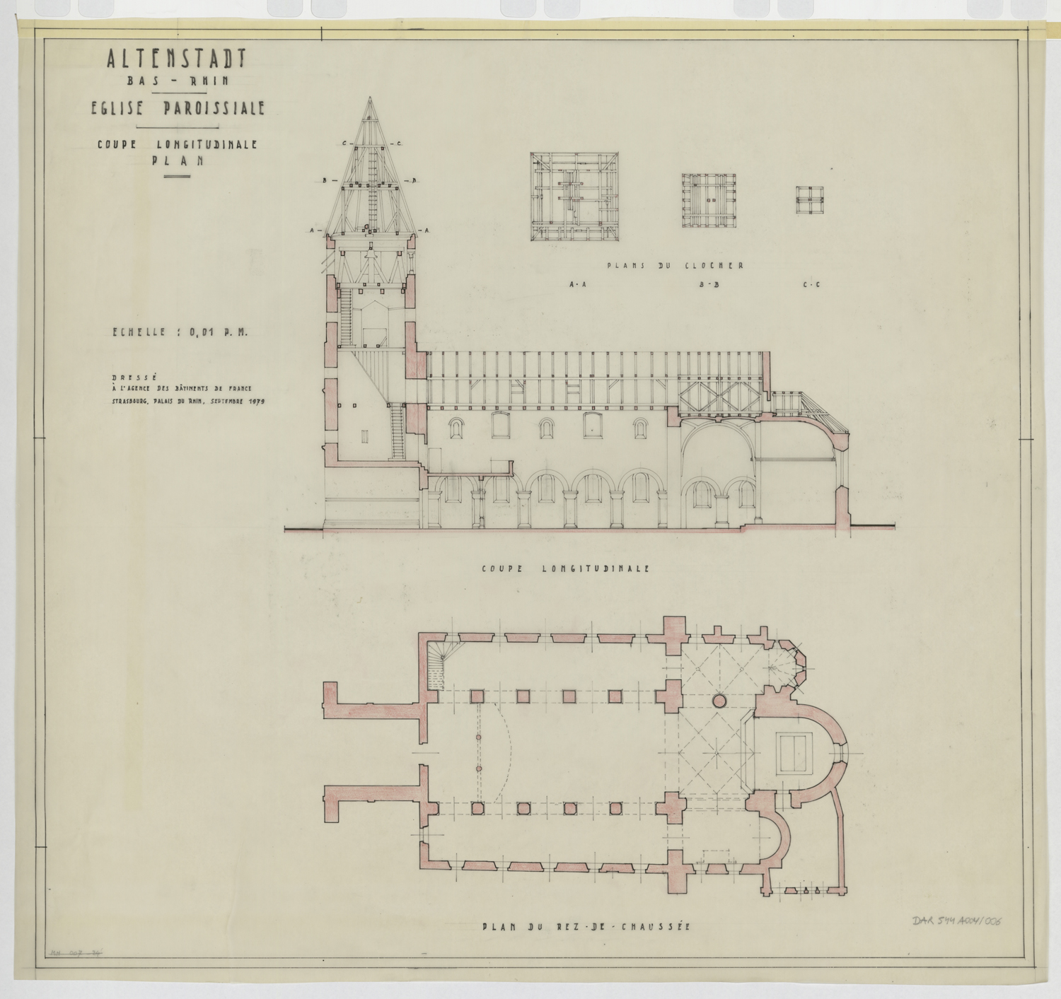 Plan de masse, coupe longitudinale sur la façade sud et plans par niveaux du clocher par niveaux.