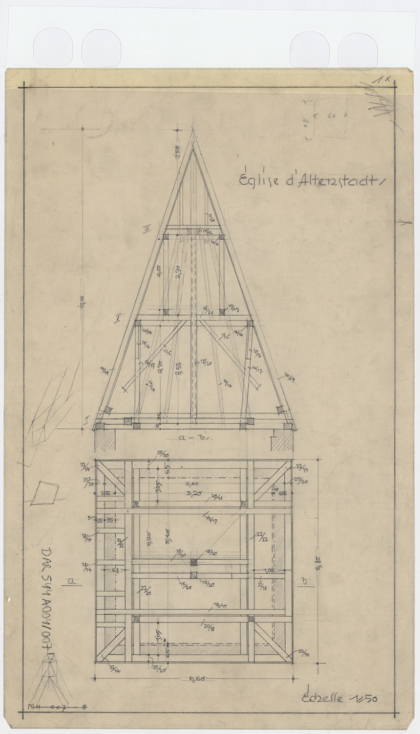 Clocher, plan et coupe sur la charpente.