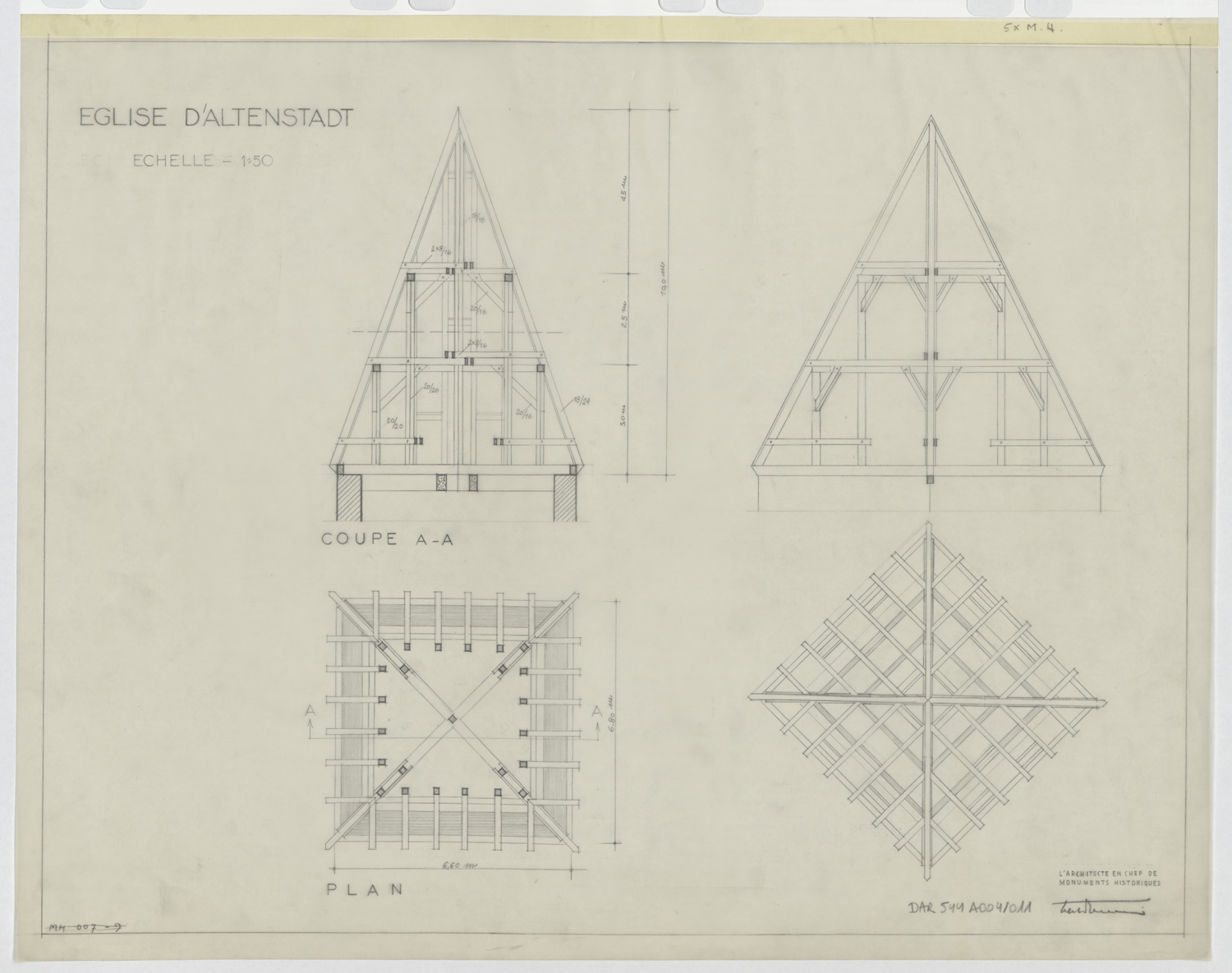 Clocher, plans et coupes sur la charpente.