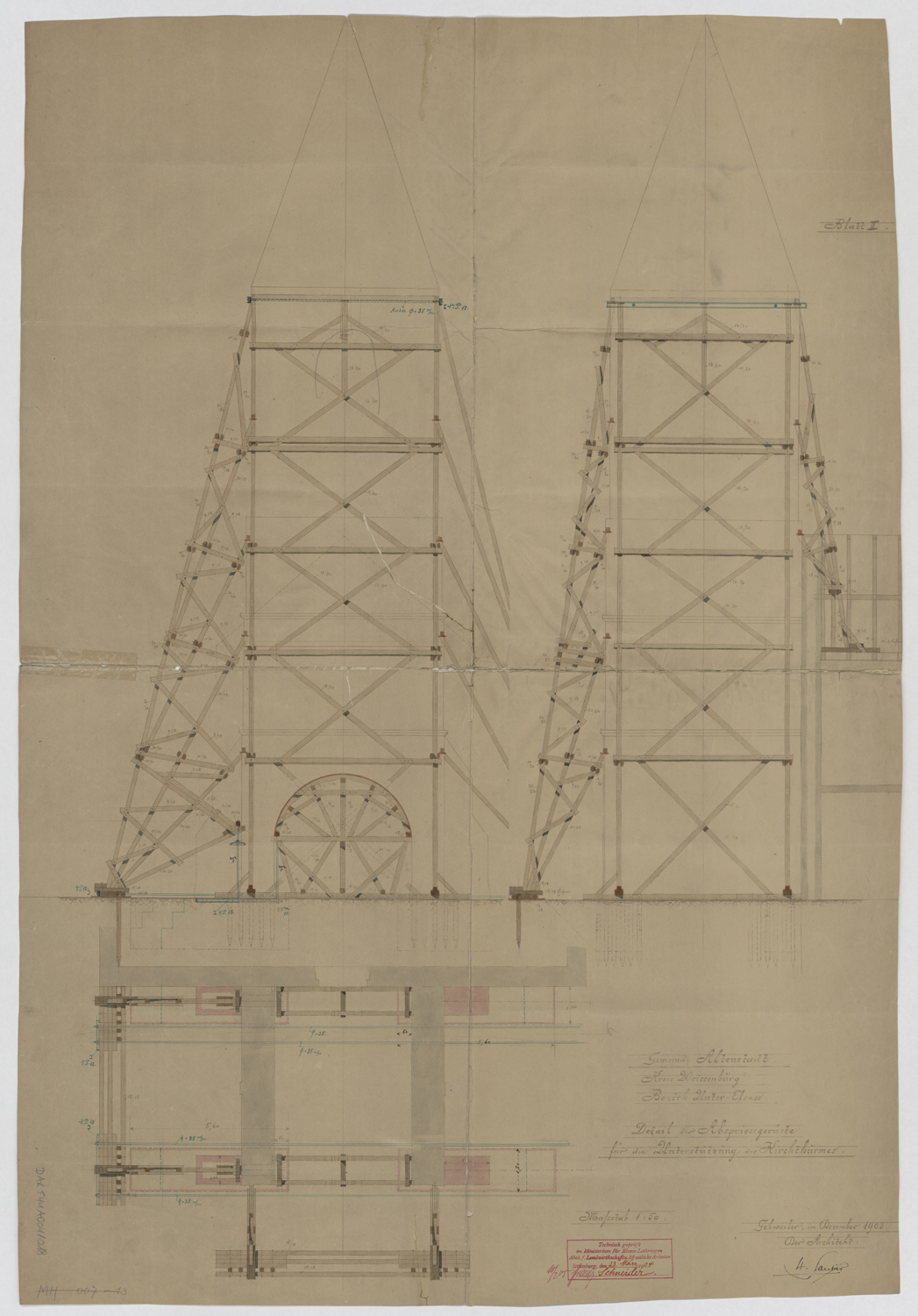 Clocher, plan et élévations des échafaudages de soutènement.