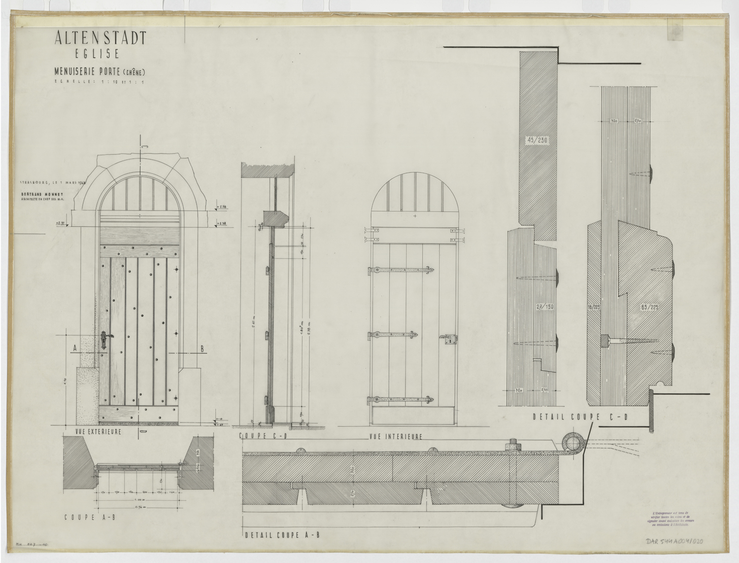 Menuiserie, plan, élévations, coupe et détails d’une porte.