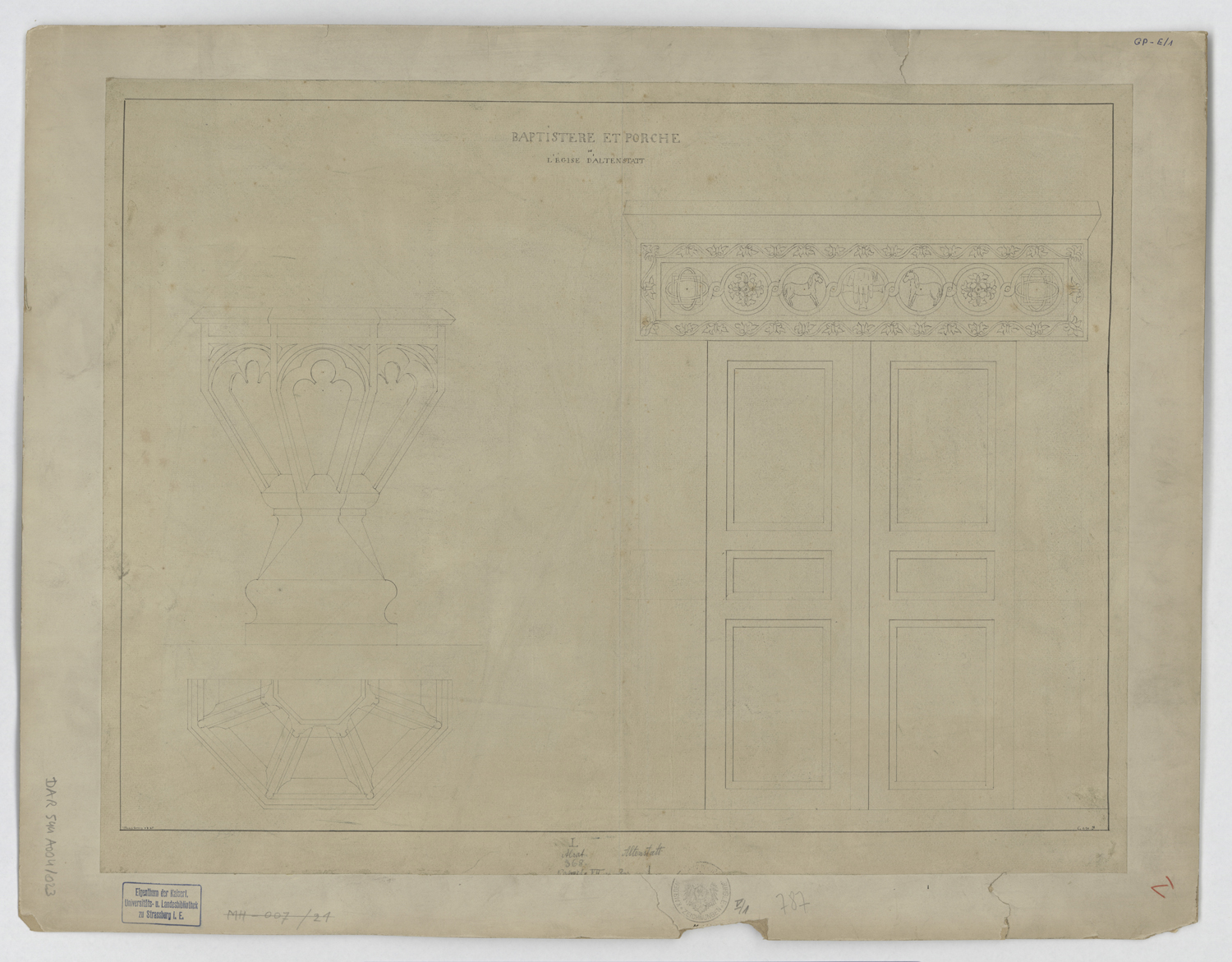 Baptistère, plan et élévation et élévation d’un porche.