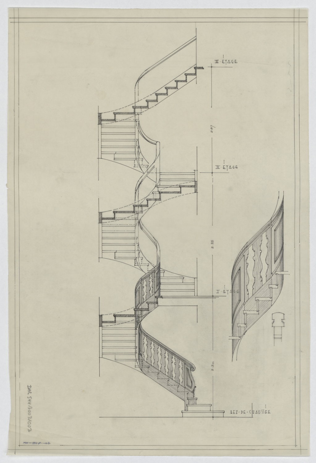 Escalier, élévation et détail.