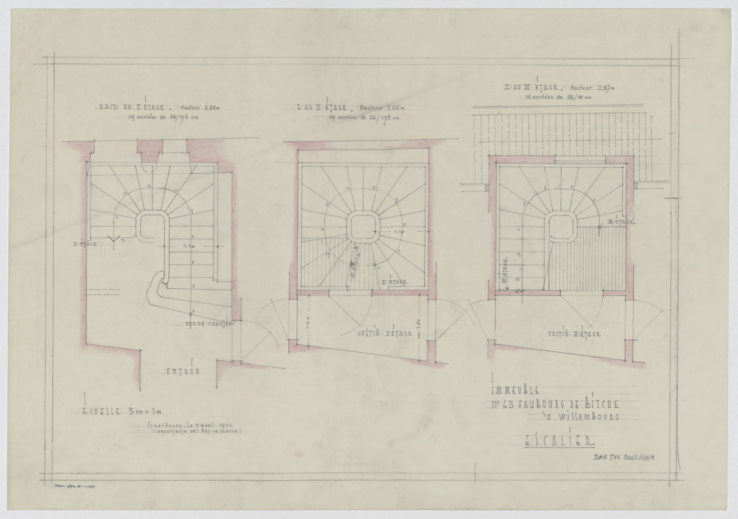 Escalier, plans de masse par niveau.