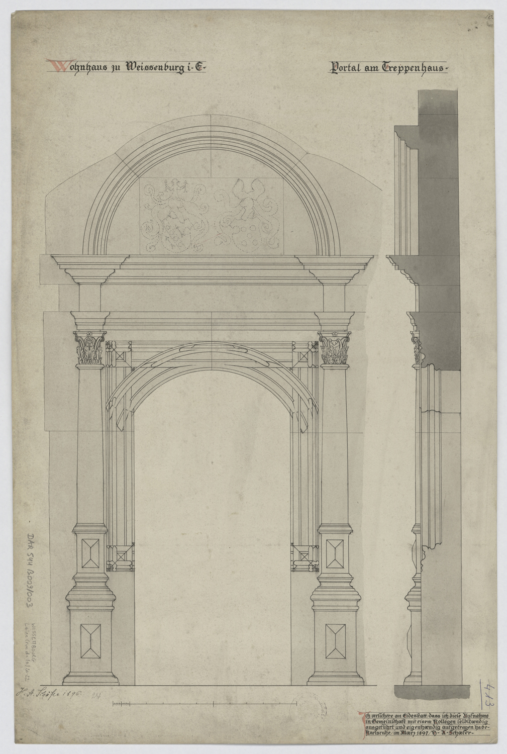 Escalier, élévations principale et latérale de la porte donnant sur la cage d’escalier.