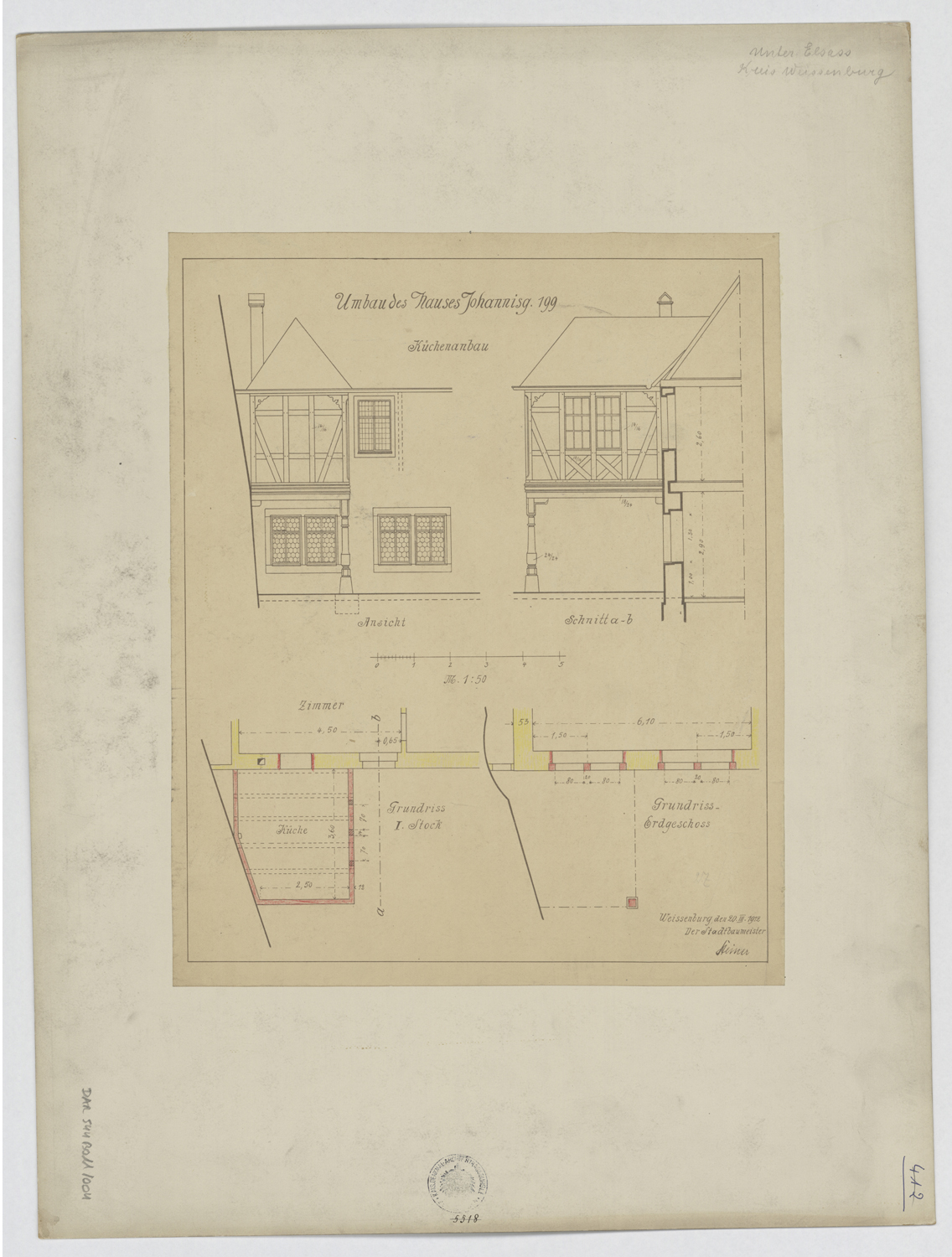 Projet d’extension de la cuisine, plans, élévation et coupe.