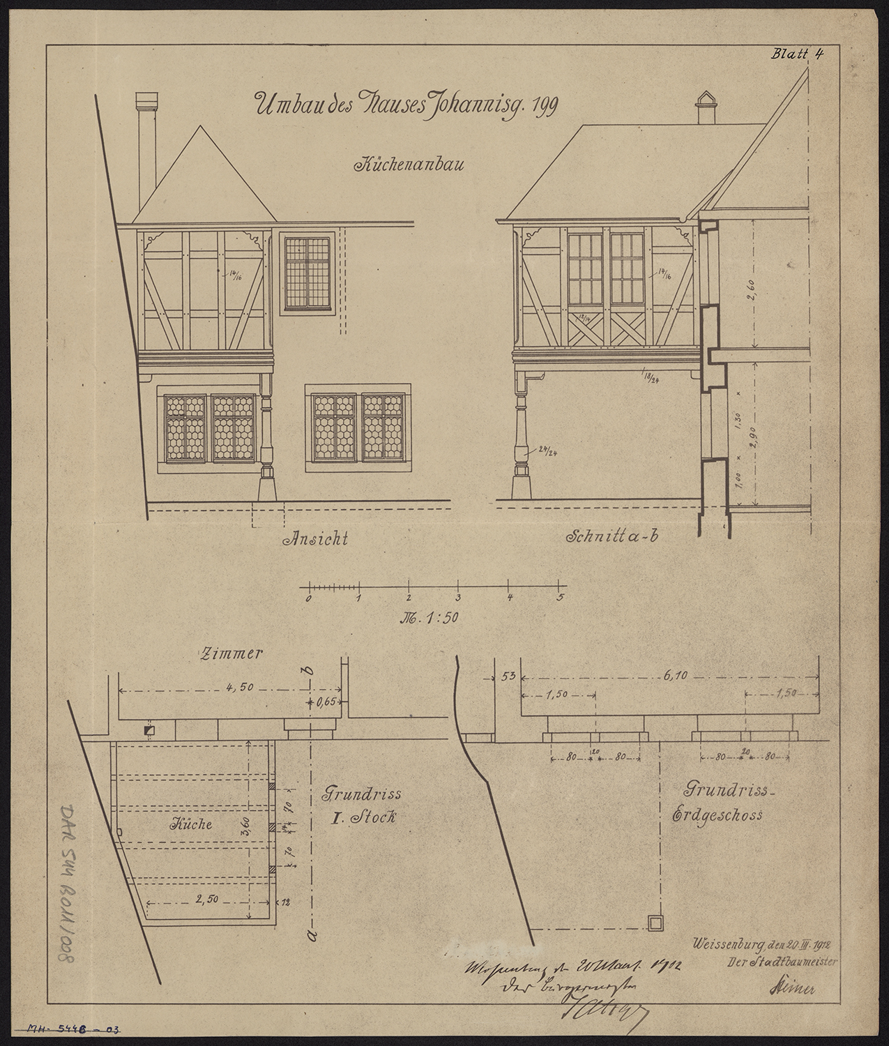 Projet d’extension de la cuisine, plans, élévation et coupe.