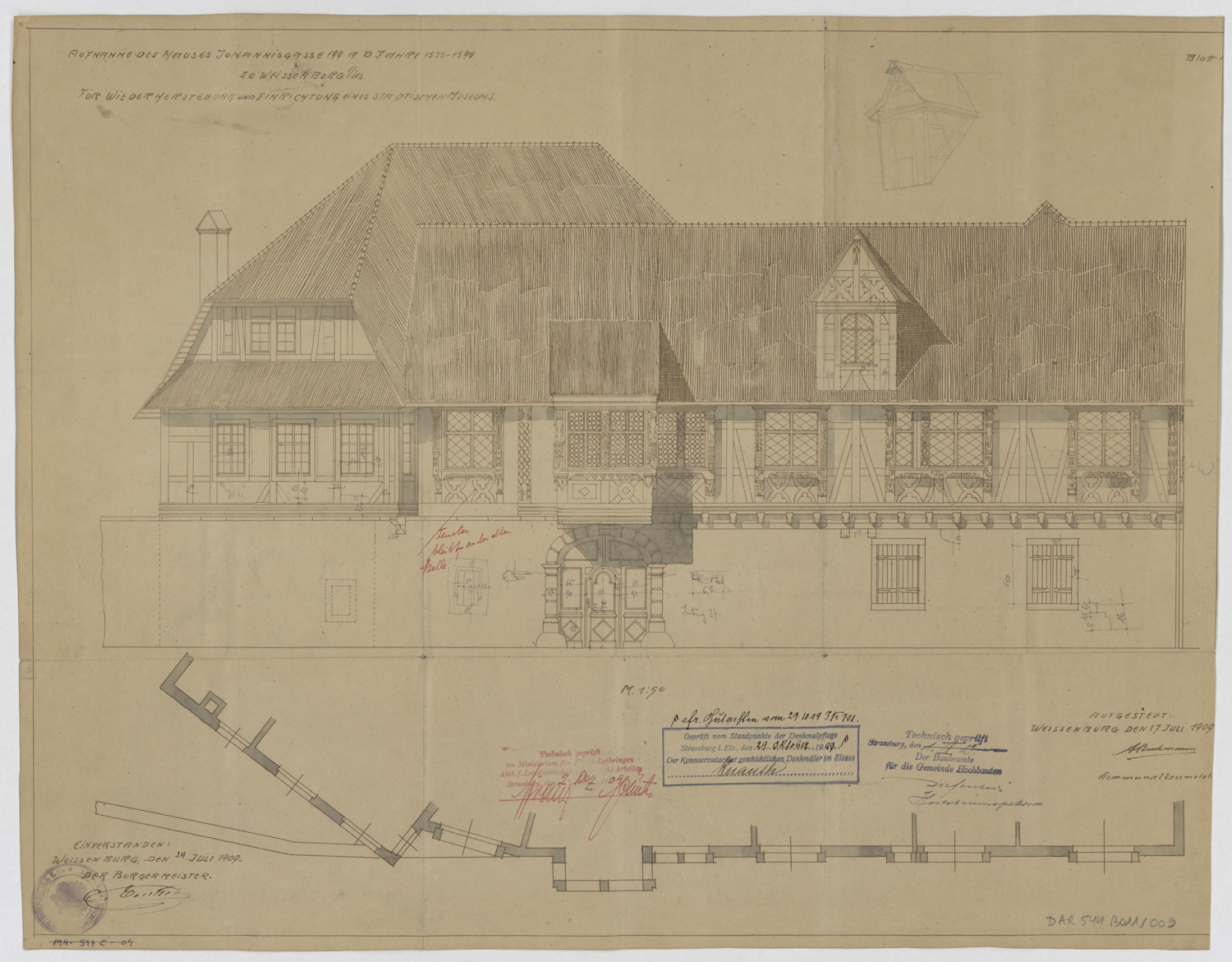 Plan et élévation de la façade sud sur rue. 