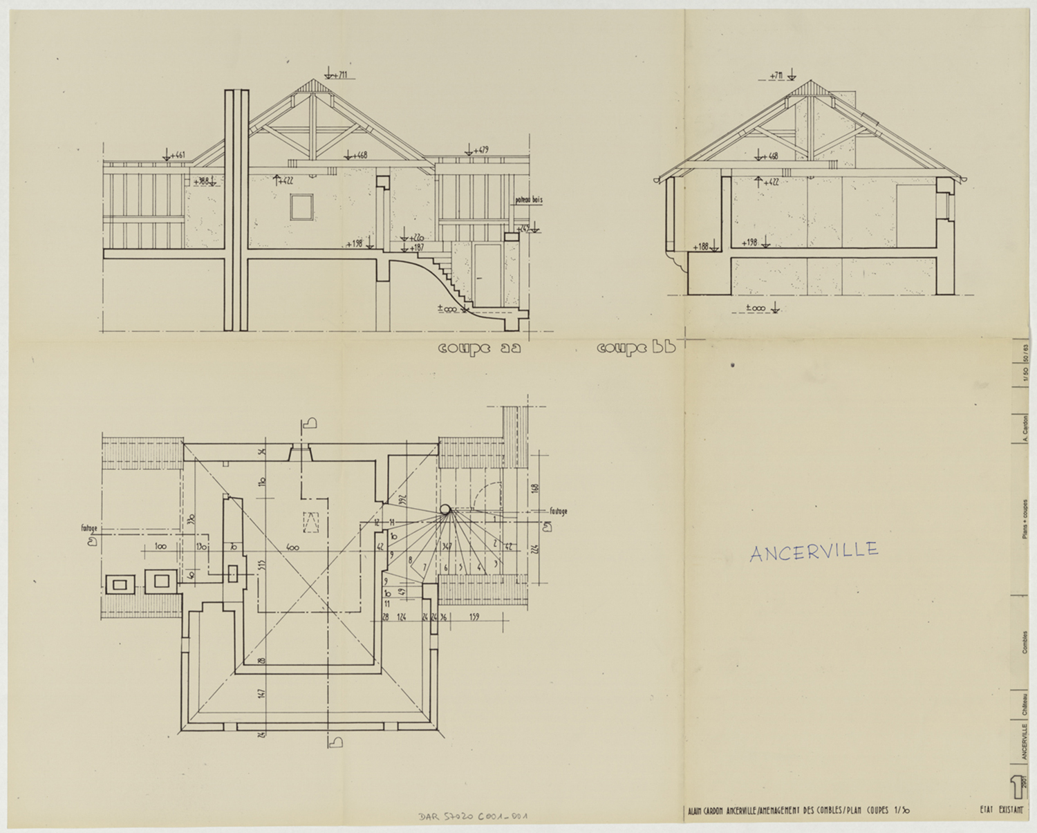 Projet d’aménagement des combles, plan de masse et coupes de l’état existant.